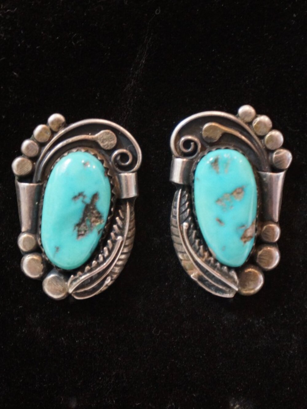 Vintage Navajo Sterling Silver Turquoise Earrings Signed AB Anna Abraham Begay - Picture 1 of 5